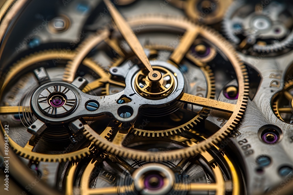 A close up of a watch with a gold case and gears