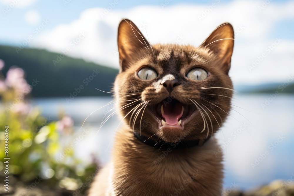 Obraz premium Medium shot portrait photography of a smiling burmese cat paw-licking over beautiful nature scene