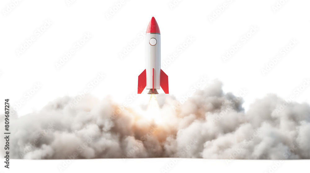 Toy rocket upswing spewing smoke. Startup space isolated on a transparent background