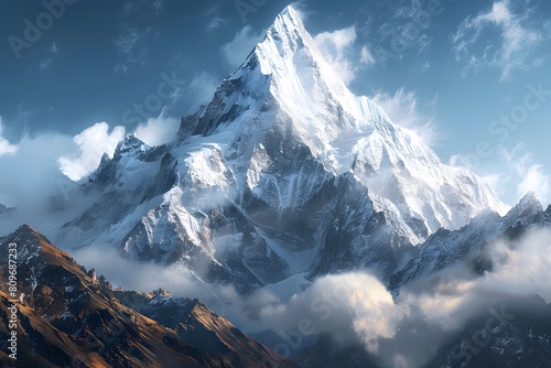 Mountains covered with snow and clouds under a blue sky photo