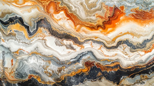 An abstract painting with a marbled texture and vibrant colors. The colors include orange, white, black, and gray. The painting has a glossy finish and a smooth, even texture.