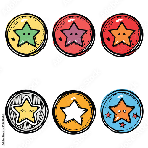 Six cartoonstyle star badges colorful, diverse shapes styles symbols. Vibrant star emblems, handdrawn look, childrens rewards, grading, gamification elements. Stars set collection, achievement