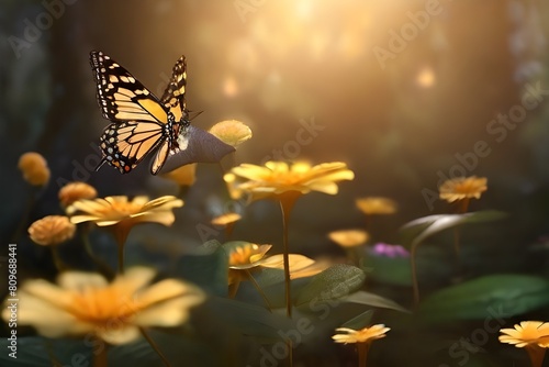 : A tranquil forest glade bathed in golden sunlight, with butterflies flitting among the flowers photo