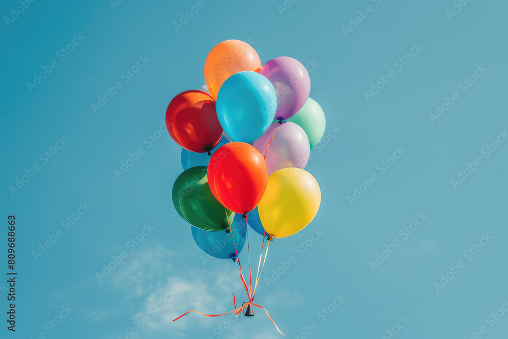 Bunch of colorful helium balloons are floating high up in blue sky