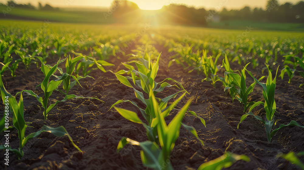 Rows of young corn plants the sunset Green corn Rows of young corn plants the sunset Green corn