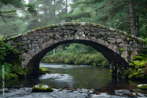 Stone bridge crossing stream in forest