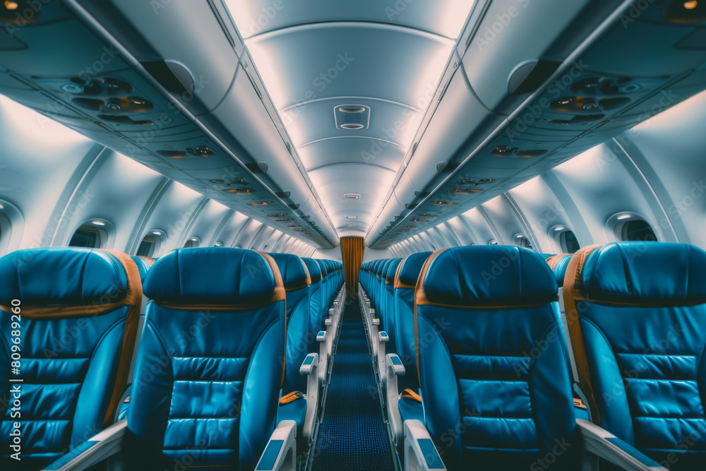 Fototapeta premium Empty passenger seats in cabin of the aircraft. Plane interior. Business class