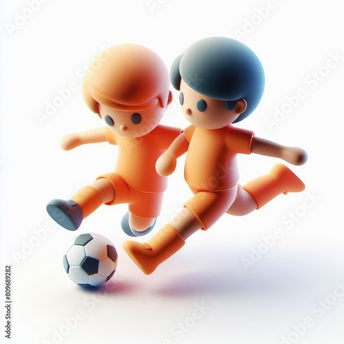 Two soccer players fighting for ball. 3D minimalist cute illustration on a light background.