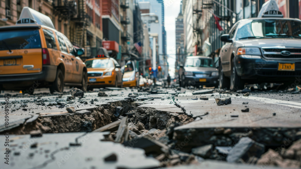 Fototapeta Impact of Earthquake Damage on City Streets Traffic Issues and Safety Concerns. Concept Earthquake Damage