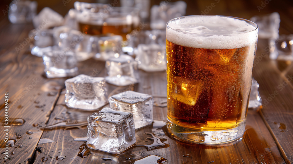 Chilled Beer Glass with Ice Cubes on Wooden Table Chilled Beer Glass with Ice Cubes on Wooden Table