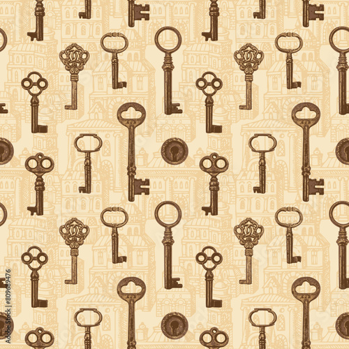 Seamless pattern with old wintage keys on background of old hand-drawn buildings. Vector repeating background in vintage style in beige colors. Suitable for wallpaper, wrapping paper or fabric design