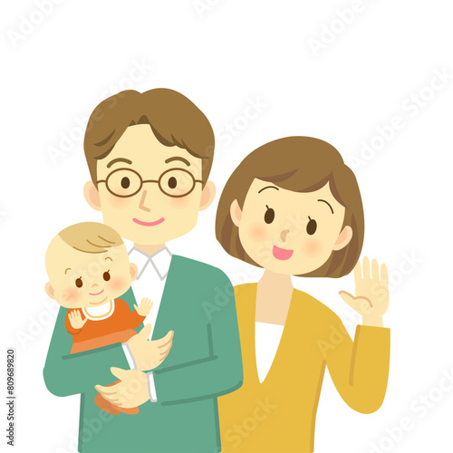 赤ちゃんを抱っこする夫と妻と赤ちゃんの核家族（正面・バストアップ）
