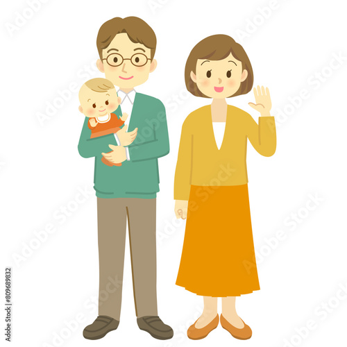 赤ちゃんを抱っこする夫と妻と赤ちゃんの核家族（正面・全身）
