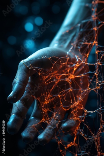 The image shows a hand with a glowing orange network of veins