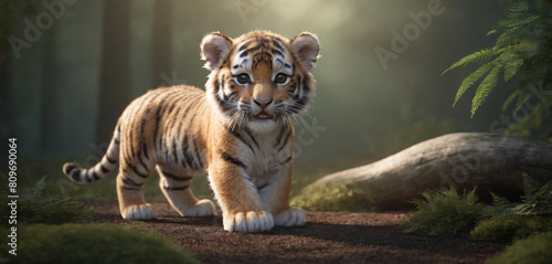 happy little tiger playing in the woods, cute tiger in wild forest, with trees and plants around, wide cover image with white space, digital art