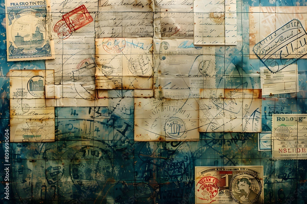 A close up of a wall covered in various stamps