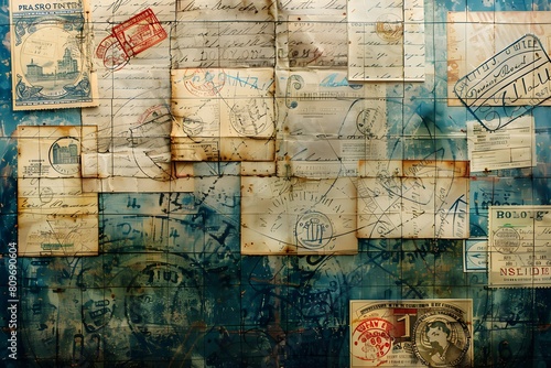 A close up of a wall covered in various stamps photo