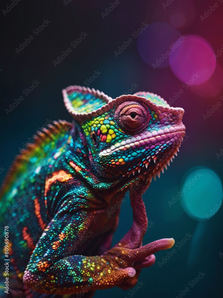 Shifting Hues, Chameleon's Neon Glow Enhances its Mesmerizing Color Gradient