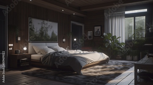 Cozy bedroom interior, big bed. Home decor. © eartist85
