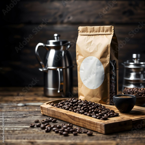 For mockup coffee packaging. A bag of whole bean coffee with a logo , coffee beans on a wooden board , and a cup of coffee on a dark background