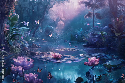 Art depicting a pond with purple flowers  butterflies  and trees in a forest