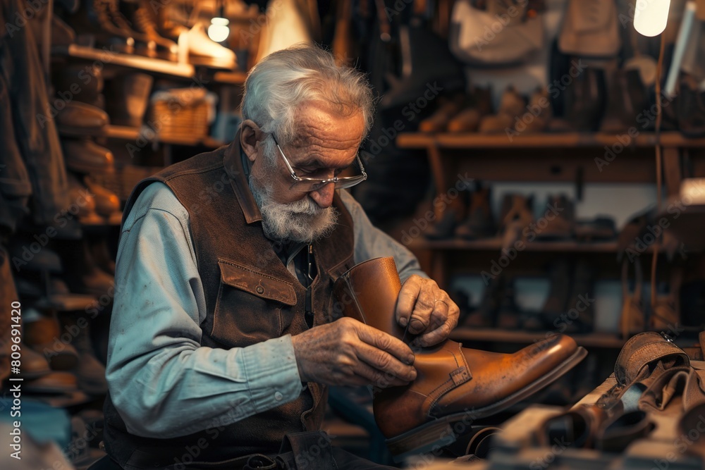 Obraz premium Mature Shoemaker Brushing Boot in Workshop