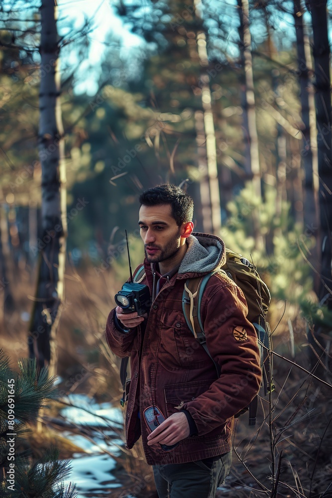 Man Hiking in Woods With Backpack