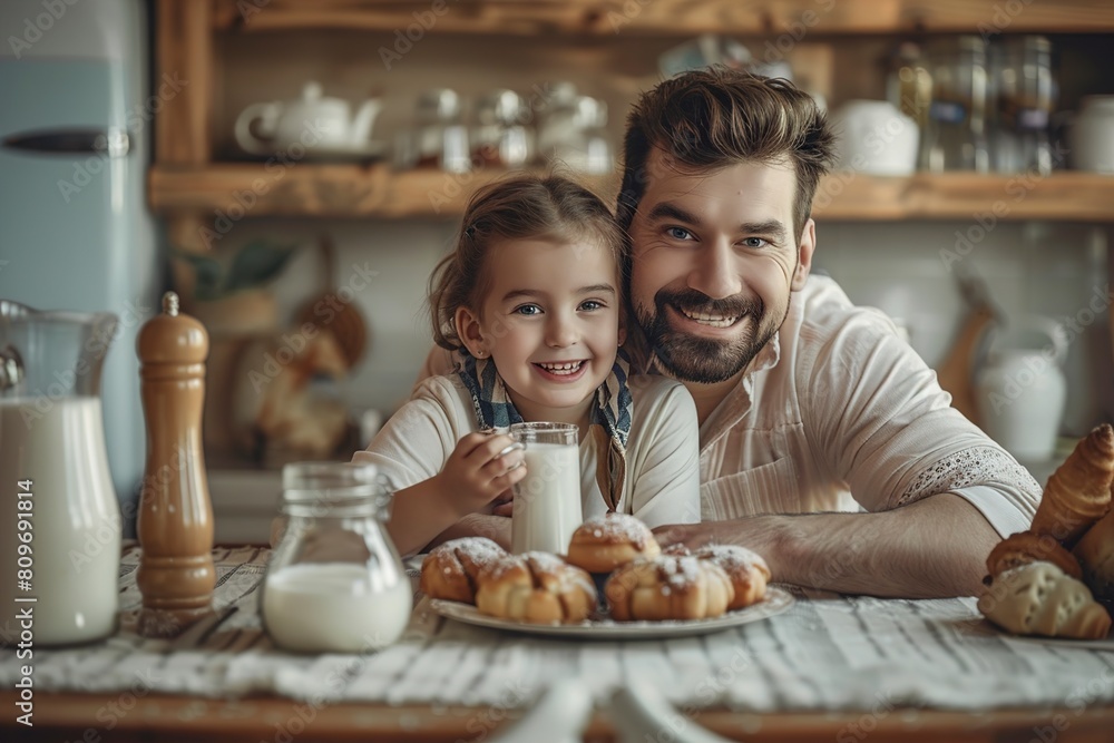 Father and Daughter Having Pastries at Table Father and Daughter Having Pastries at Table