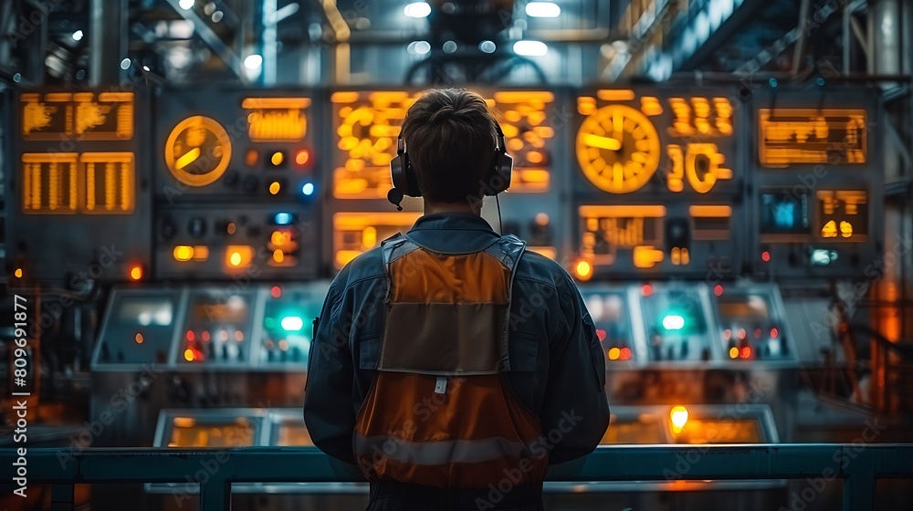 A dramatic, low-light scenario in a manufacturing control room during a critical operation, where an engineer monitors vital machine efficiency charts under the urgent glow of the screens.