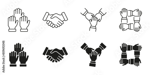 Human Hands Together Symbol Collection. Business Alliance Line and Silhouette Icon Set. Teamwork And Cooperation Black Pictogram. Partnership Handshake, Meeting Sign. Isolated Vector Illustration