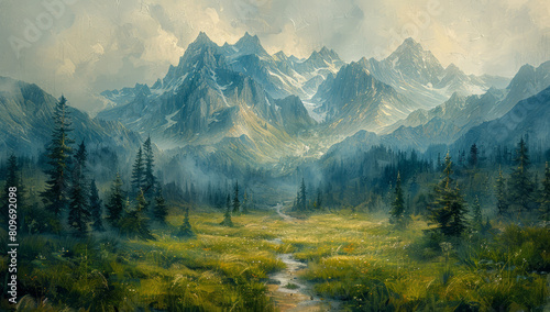 Timeless Alps Landscape Painting with Rough Texture and Faded Details photo