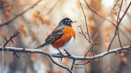 A beautiful shot of a robin perched on a branch. The bird is facing to the right of the frame and is looking at the camera.