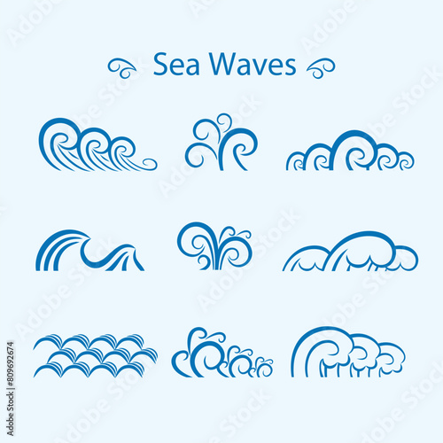 Vector line icon set with simple doodle wave.