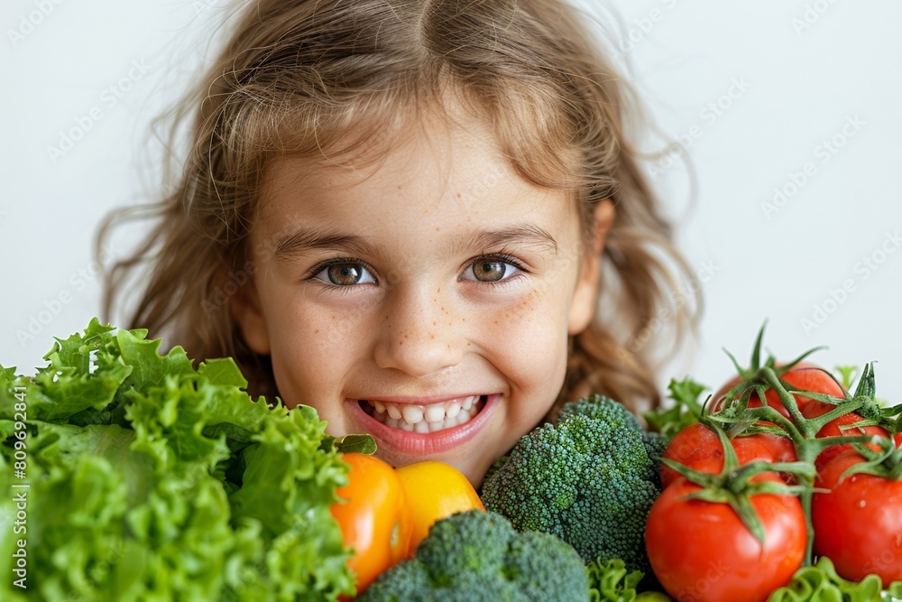 A smiling young girl holds fresh organic vegetables, embodying a bio-vegan lifestyle. A smiling young girl holds fresh organic vegetables, embodying a bio-vegan lifestyle.