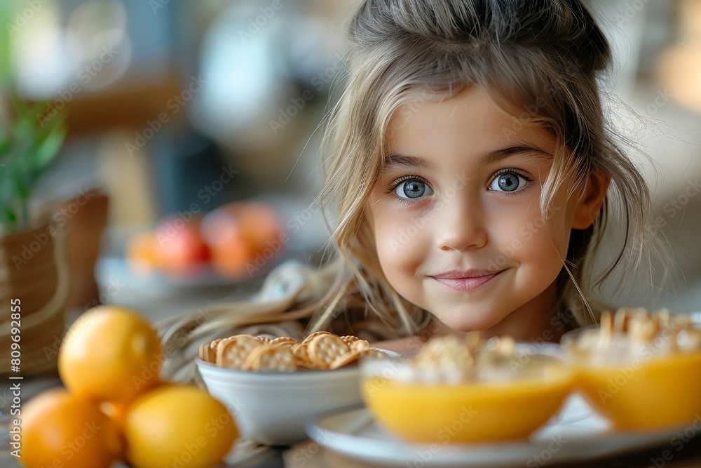 An adorable Caucasian girl sits at the kitchen table, hungry for a nutritious lunch. An adorable Caucasian girl sits at the kitchen table, hungry for a nutritious lunch.
