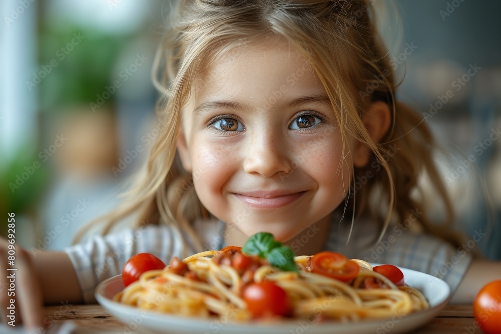 A hungry toddler enjoys a healthy spaghetti lunch, fostering good nutrition and appetite.