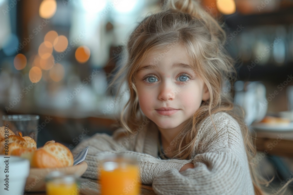 A cute Caucasian girl enjoys a morning snack at a restaurant, sipping vitamin-rich juice. A cute Caucasian girl enjoys a morning snack at a restaurant, sipping vitamin-rich juice.