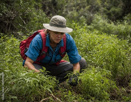 A conservation volunteer removing invasive plant species from natural habitats to protect native flora and fauna.