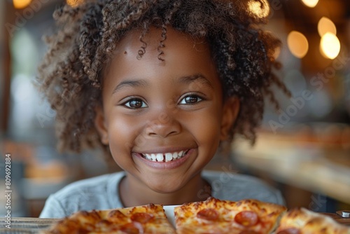 A hungry African toddler girl beams while enjoying a pizza lunch  smiling with delight.