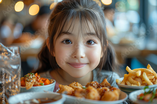 An Asian toddler girl smiles happily  enjoying a delicious lunch at the restaurant.