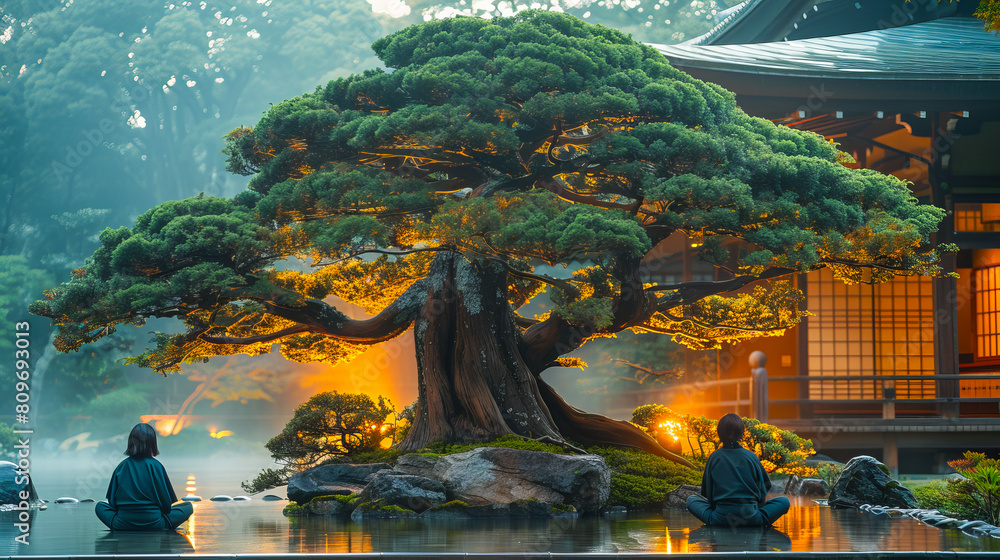 Japanese family experiences tranquility during a zen meditation under an ancient bonsai tree