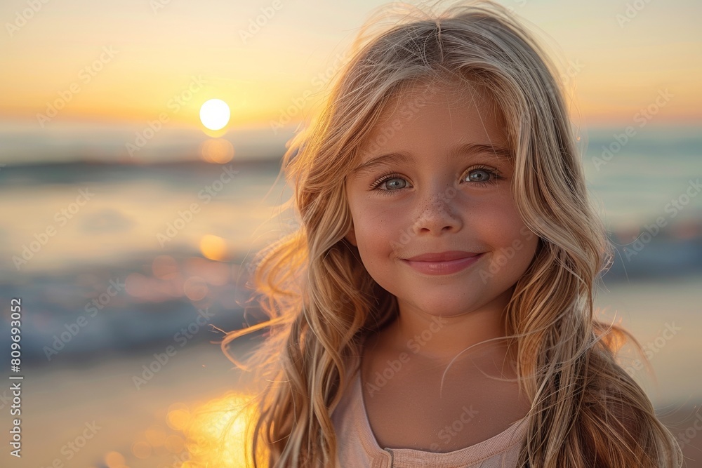 At the seashore during sunset, a lovely girl smiles with joy, enjoying her vacation. At the seashore during sunset, a lovely girl smiles with joy, enjoying her vacation.