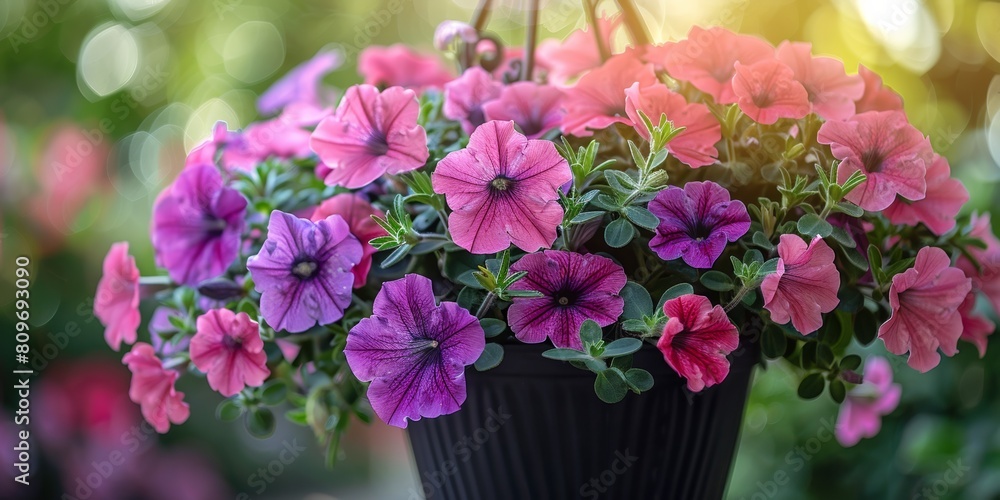 A purple petunia hybrida blooms in a hanging basket, adding botanical beauty outdoors.