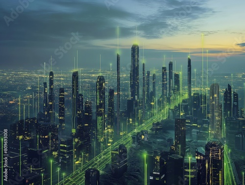 A dazzling futuristic city with glowing light trails under a twilight sky.