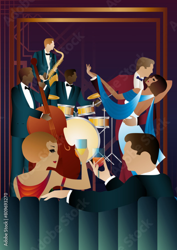 Jazz musicians and dancers on a universal background. Double bass, saxophone, drum. Musicians play musical instruments