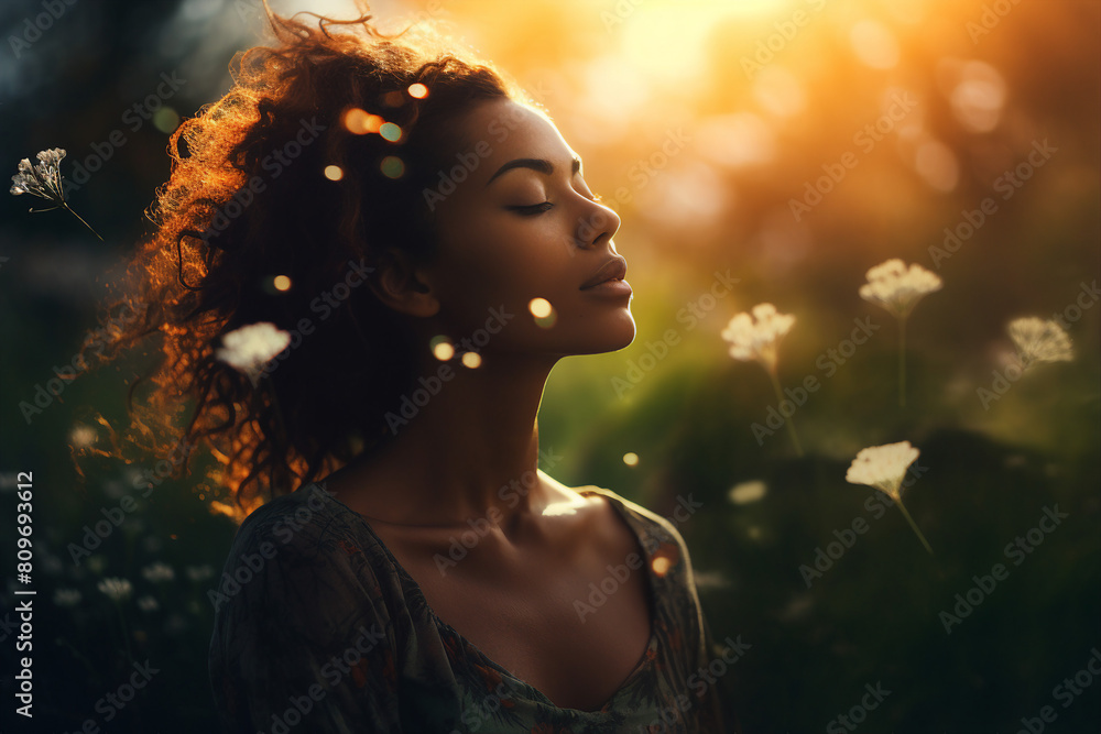 Generative AI illustration happy yoga person enjoying medication in natural wild conditions beautiful view Generative AI illustration happy yoga person enjoying medication in natural wild conditions beautiful view