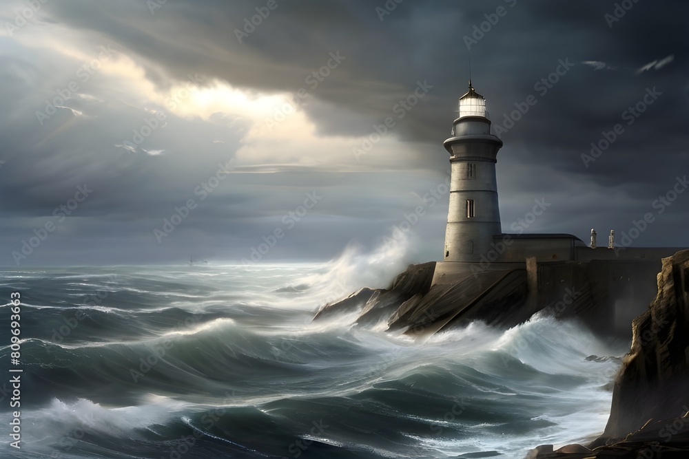 A majestic lighthouse standing tall against a stormy sea, guiding ships safely to shore