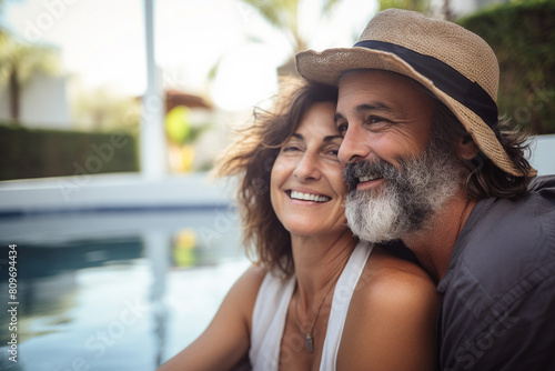 Middle aged senior couple portrait two lovers spending weekend together generative AI