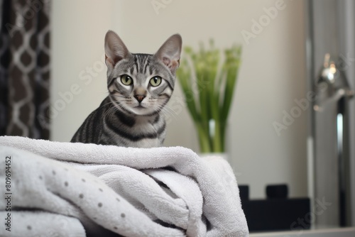 Lifestyle portrait photography of a cute egyptian mau cat kneading a blanket isolated in sleek bathroom © Markus Schröder