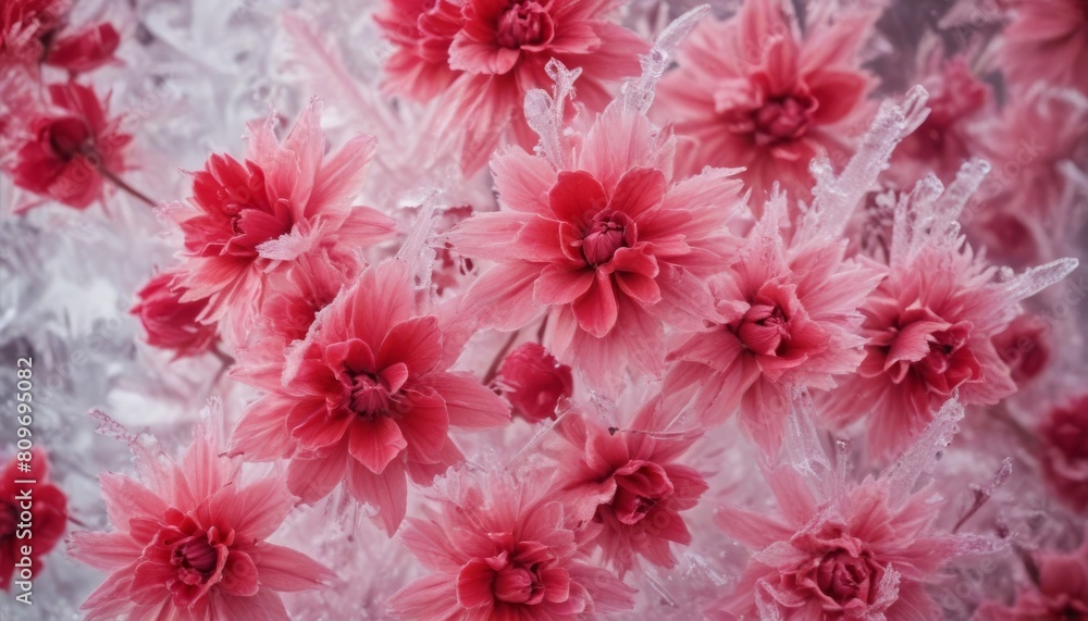 abstract background of close up of pink and red frozen flowers in ice